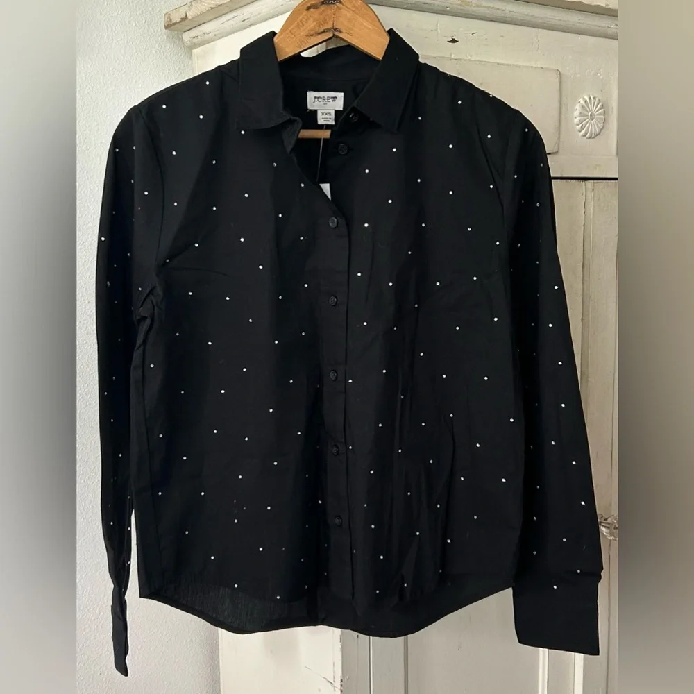 NWT J. Crew | Women’s Black Long Sleeve Button Down Rhinestone Shirt Size XXS